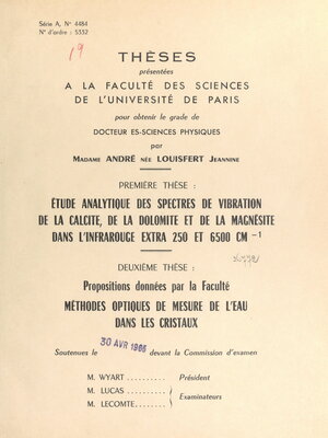 cover image of Étude analytique des spectres de vibration de la calcite, de la dolomite, et de la magnésite dans l'infrarouge extra 250 et 6500 CM-1